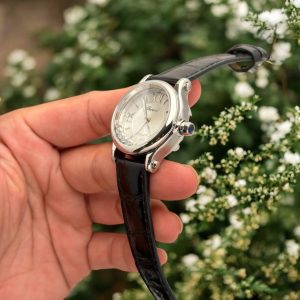 Đồng Hồ Chopard Replica Cao Cấp Happy Sport Mặt Đá Xoay Dây Da Đen 36mm (1)