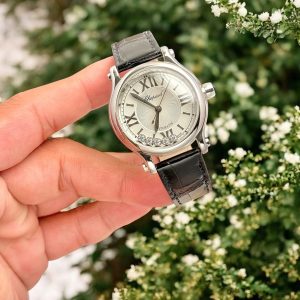 Đồng Hồ Chopard Replica Cao Cấp Happy Sport Mặt Đá Xoay Dây Da Đen 36mm (1)