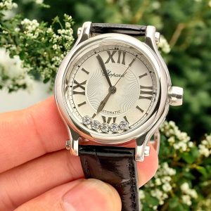 Đồng Hồ Chopard Replica Cao Cấp Happy Sport Mặt Đá Xoay Dây Da Đen 36mm (1)