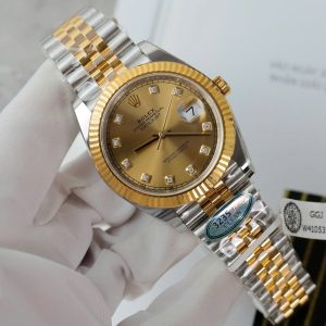 Rolex DateJust Mặt Vàng Cọc Số Đính Kim Cương Moissanite Rep Cao Cấp Xưởng Clean 41mm (2)
