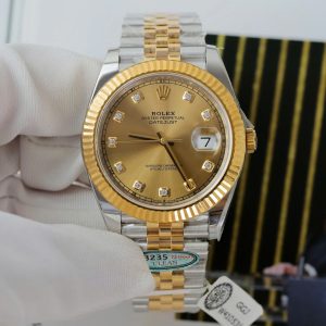 Rolex DateJust Mặt Vàng Cọc Số Đính Kim Cương Moissanite Rep Cao Cấp Xưởng Clean 41mm (2)