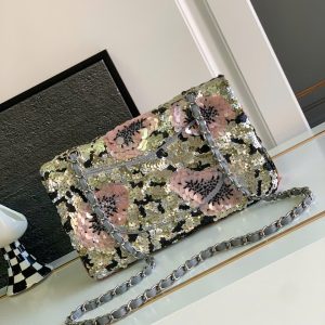 Túi Xách Chanel Classic Like Auth Đính Cườm Họa Tiết Hoa Hồng 25cm (2)