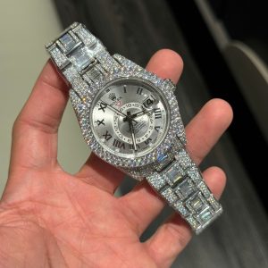 Rolex Sky-Dweller Mặt Bạc Replica 11 Đính Full Kim Cương Moissanite Baguette 42mm (2)