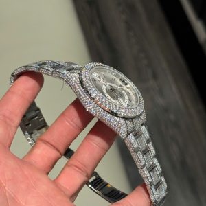 Rolex Sky-Dweller Mặt Bạc Replica 11 Đính Full Kim Cương Moissanite Baguette 42mm (2)